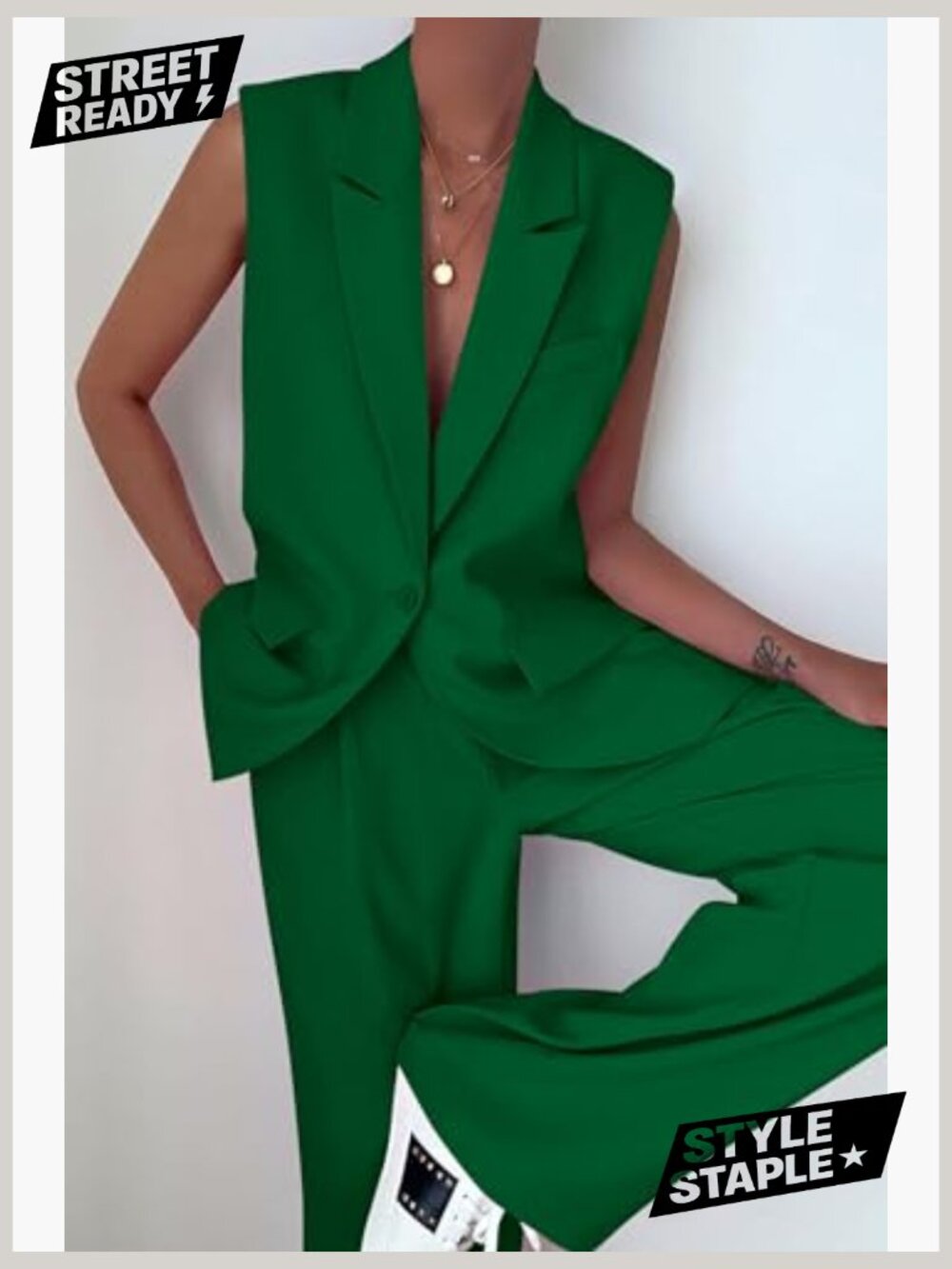 2 Piece Business Casual Blazer Set - Vest & Wide Leg Pants - Picture 2 of 7